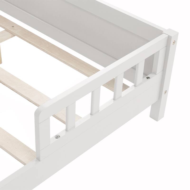 Full Size Pine Bed w/ Bookcase Headboard ,LED Sensor Light, Guardrails