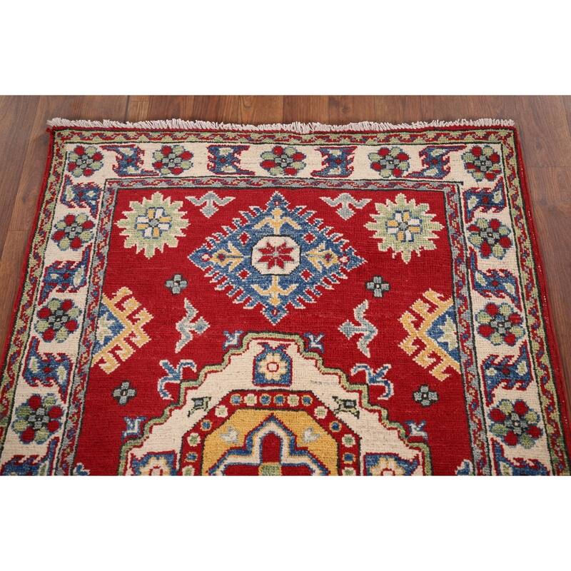 Red Geometric Kazak Pakistan Accent Rug Handmade Wool Carpet - 2'9" x 3'9"