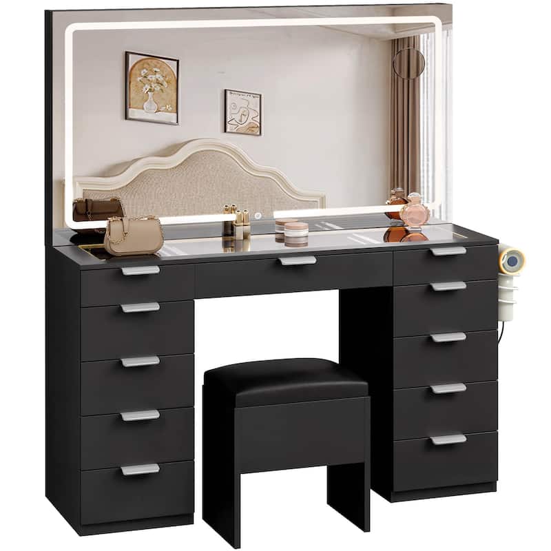46''Makeup Vanity 11 Drawers Glass Top Vanity - Black - 11-drawer