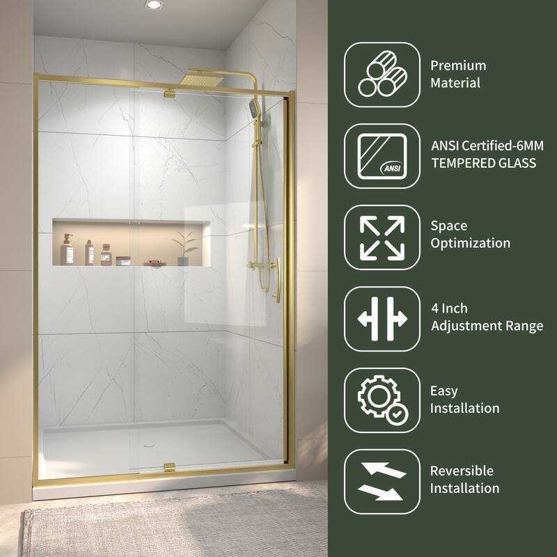 Modland 44-48"x71'' Adjustable Pivot Shower Door - Auto-Lift Hinge, Magnetic Seal, 6 Finishes for Uneven Walls - 48''x 71''