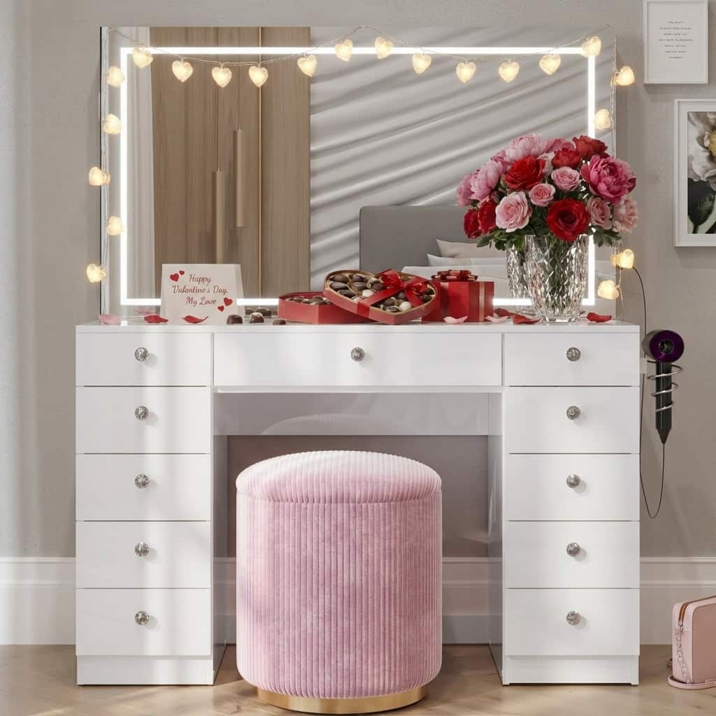 Boahaus Amelia Smart Vanity Desk with LED Mirror, Bluetooth Speakers, Charging Station & Storage Stool
