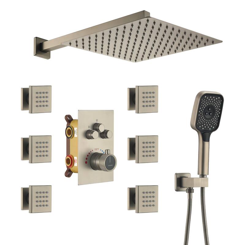 Wall Mount 12 Inch Rainfall Shower Head 3 Function Thermostatic Shower System with 6 Body Jets - Brushed Nickel