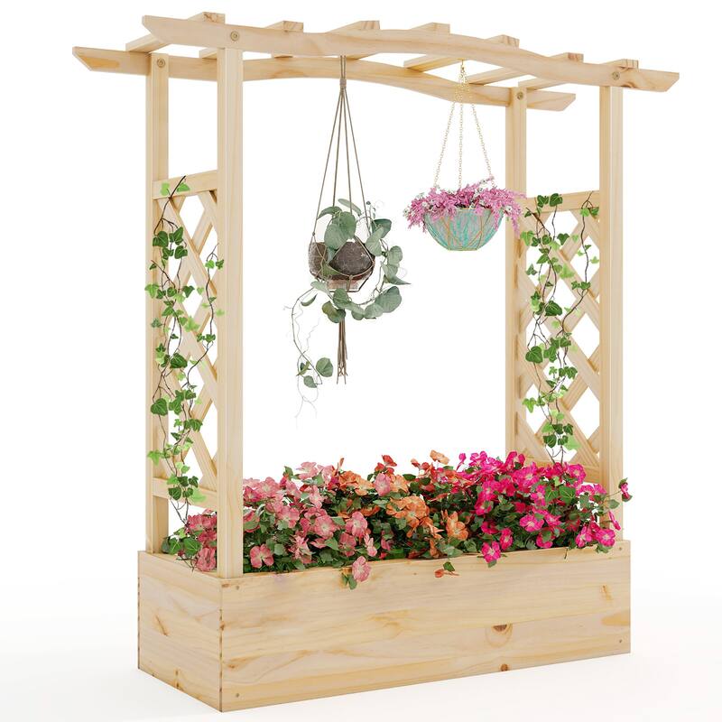 Gymax Wooden Raised Garden Bed w/ Trellis & Hanging Roof Planter Box - Brown