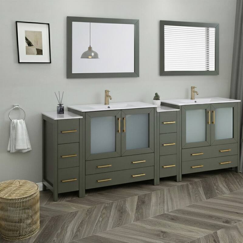Vanity Art 96" Double Sink Bathroom Vanity Set 10 Dove-Tailed Drawers, 3 Cabinets, 2 Shelves Soft-Closing Doors with Free Mirror