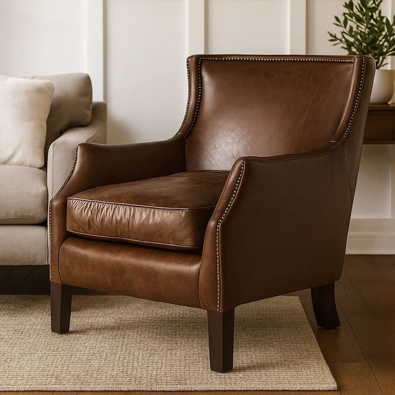 Accent Sofa Chair, Studded Trim, Brown Top Grain Leather, Rubberwood