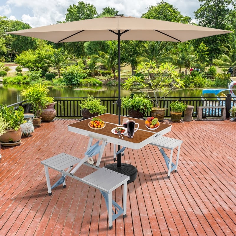 Aluminum Alloy Outdoor Dining Table And Chairs Wood Grain Top Bed