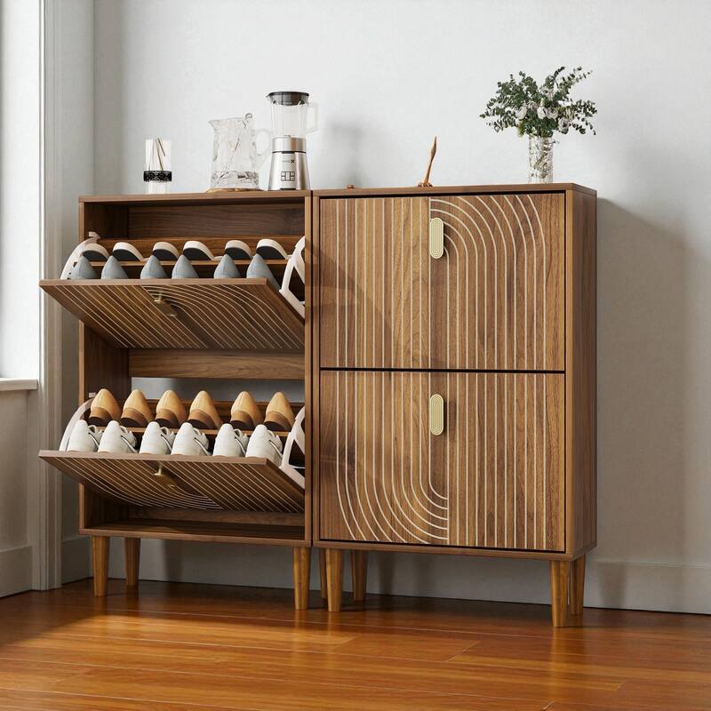 23.6" Shoe Storage Cabinet with 2 Flip Drawers, Modern Freestanding Shoe Organizer with Metal Handles for Entryway