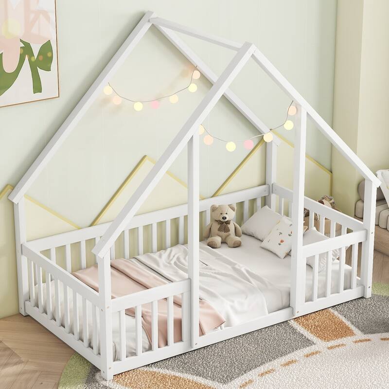 Twin Wood House-Shaped Floor Bed with Fence - White