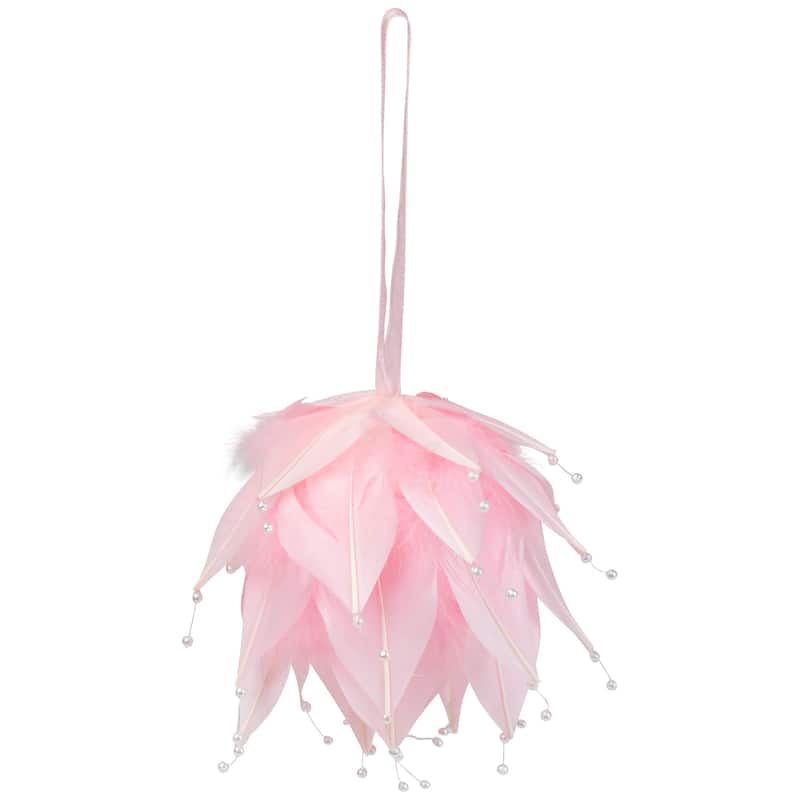Feathered Ball with Pearls Christmas Ornament - 4.25" - Pink and White
