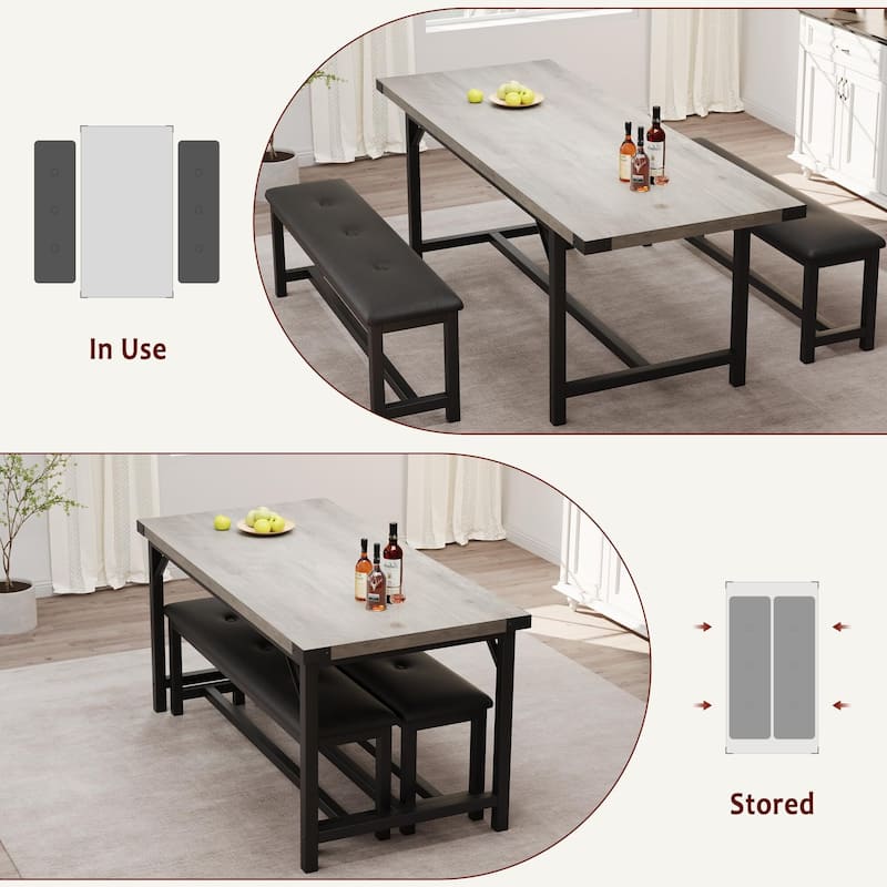 Dining Table Set for 4-6, 63" Extendable Wood Dining Room Table with Corner Protector & 2 Upholstered Benches