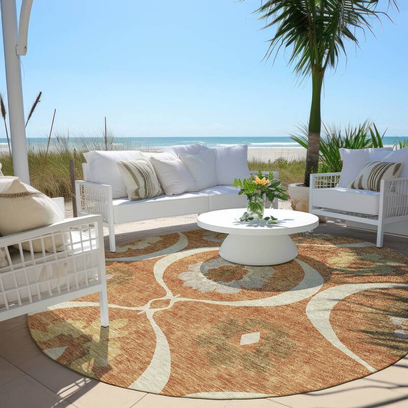 Machine Washable Indoor/ Outdoor Chantille Floral Geo Rug - Paprika - 8' x 8'