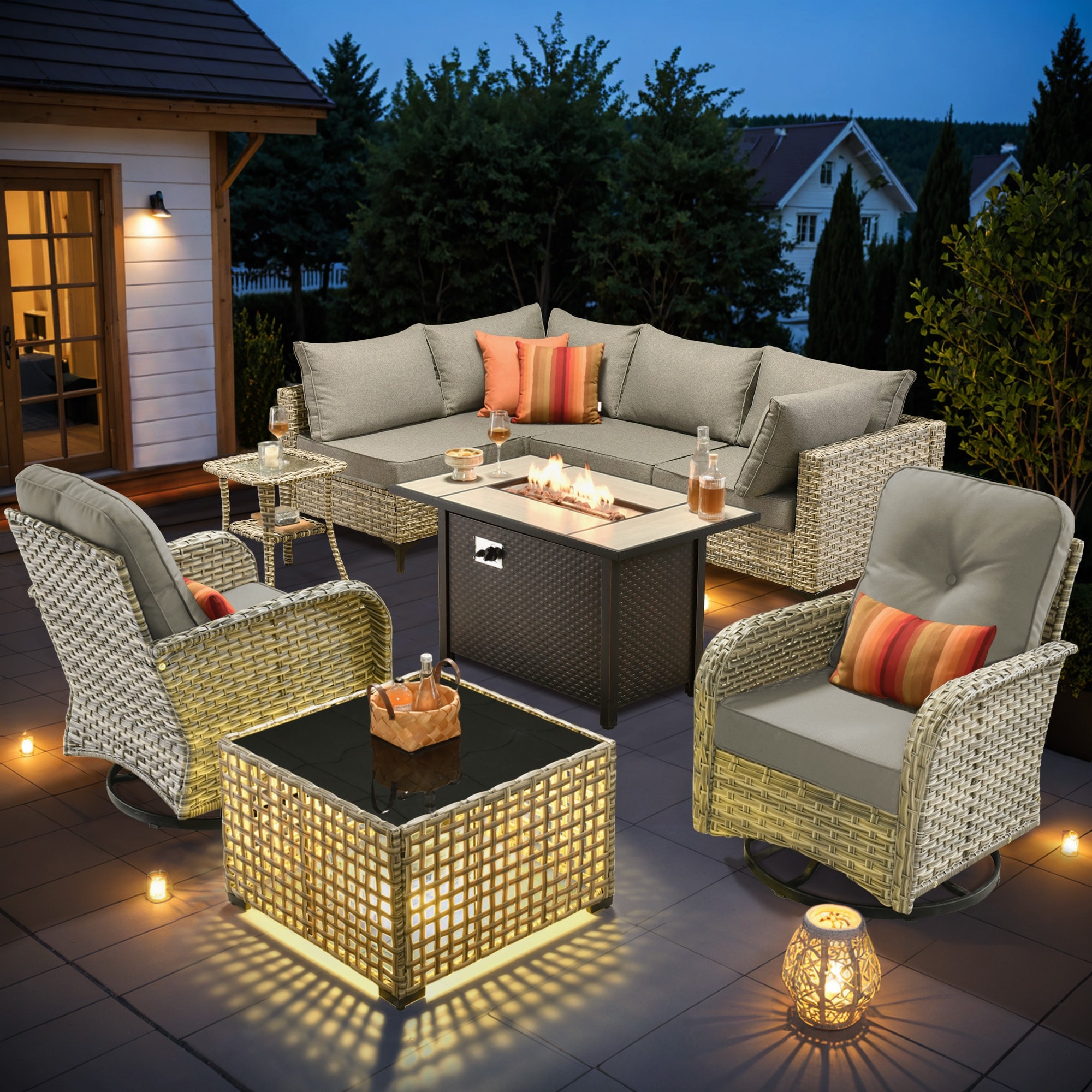 OVIOS 9-Piece 42" Fire Table Swivel Chair Outdoor Patio Conversation Set