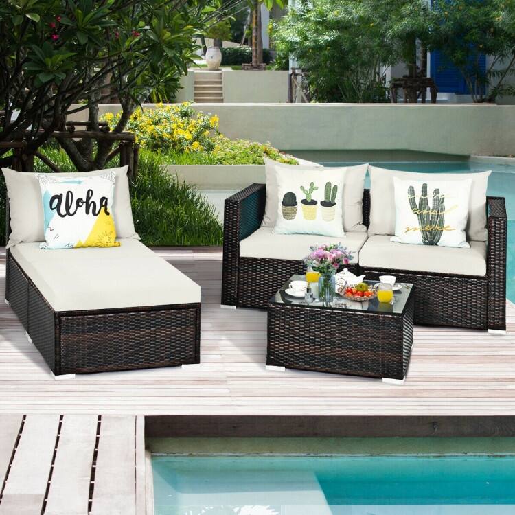 5Pcs Patio Rattan Furniture Set with Coffee Table - 29" x 29" x 23.5" (L x W x H)