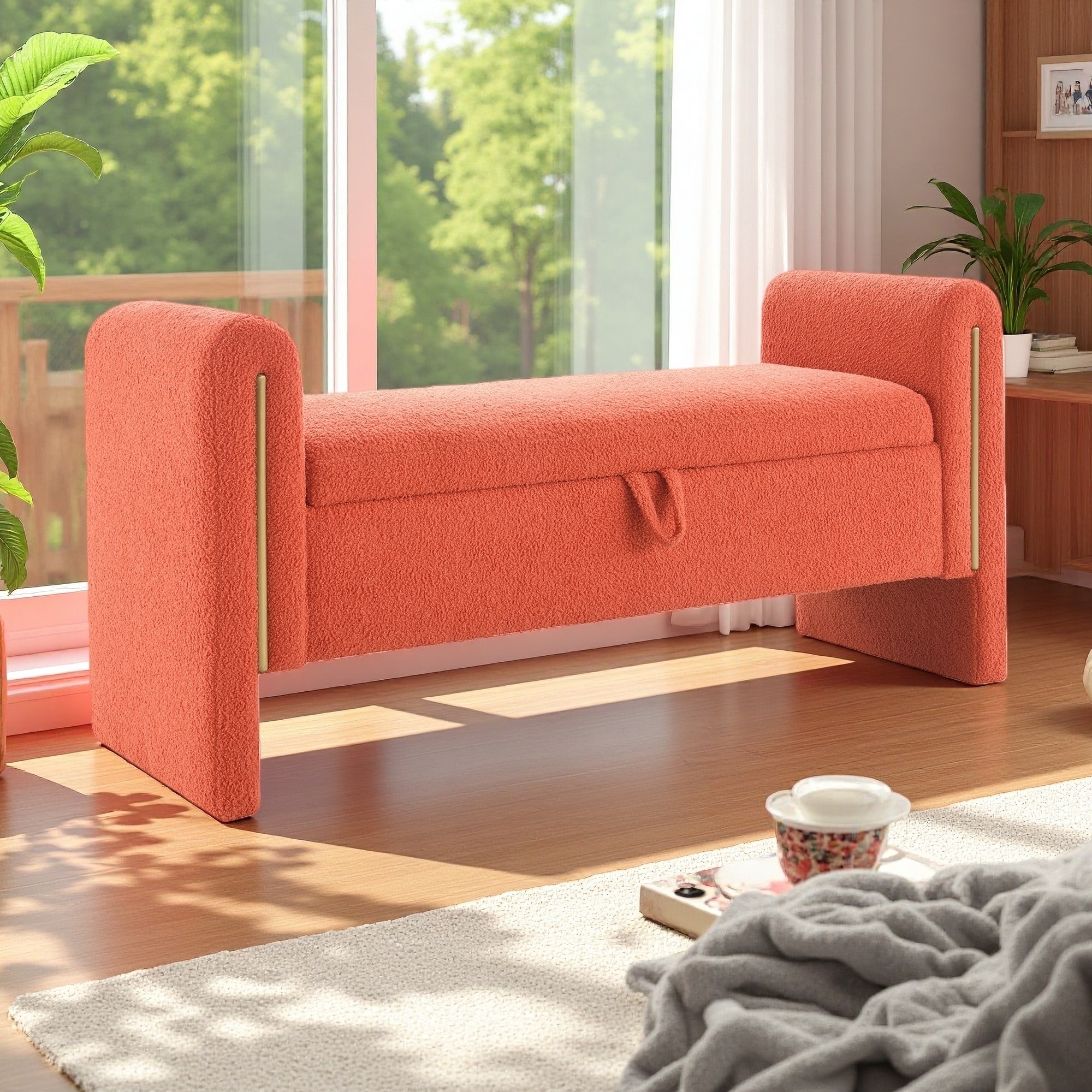 52"L Teddy Bed End Bench with Arms and Storage, Upholstered Large Foot Rest Stool, Window Vanity Bench for Bedroom, Dorm