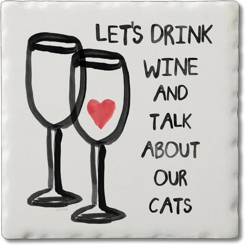 Wine & Cats 4 Pack Single Absorbent Stone Coaster with Protective Cork Backing Made in The USA 4" Square, Easily Wipes Clean - Multi