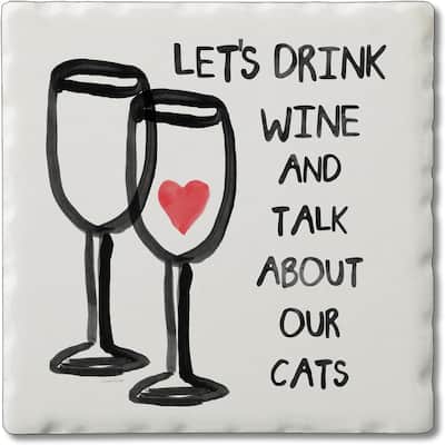 Wine & Cats 4 Pack Single Absorbent Stone Coaster with Protective Cork Backing Made in The USA 4" Square, Easily Wipes Clean