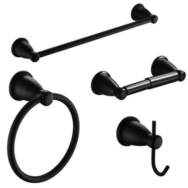 4-Piece Bathroom Hardware Set In Black | Stainless Steel Towel Ring, Toilet Paper Holder & 2 Hooks | Wall Mounted