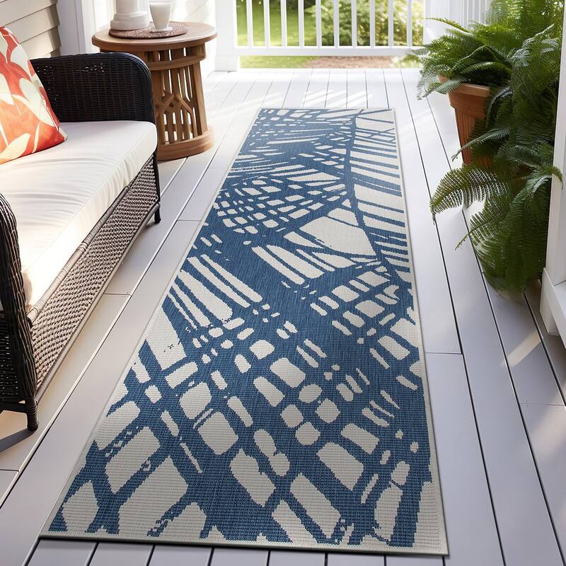 World Rug Gallery Nature Inspired Tropical Indoor/Outdoor Area Rug - 2' x 7' Runner - Blue