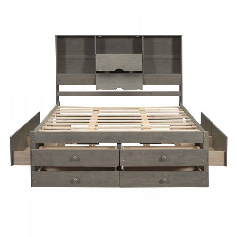 Queen Size Platform Bed with Storage Headboard and 8 Drawers