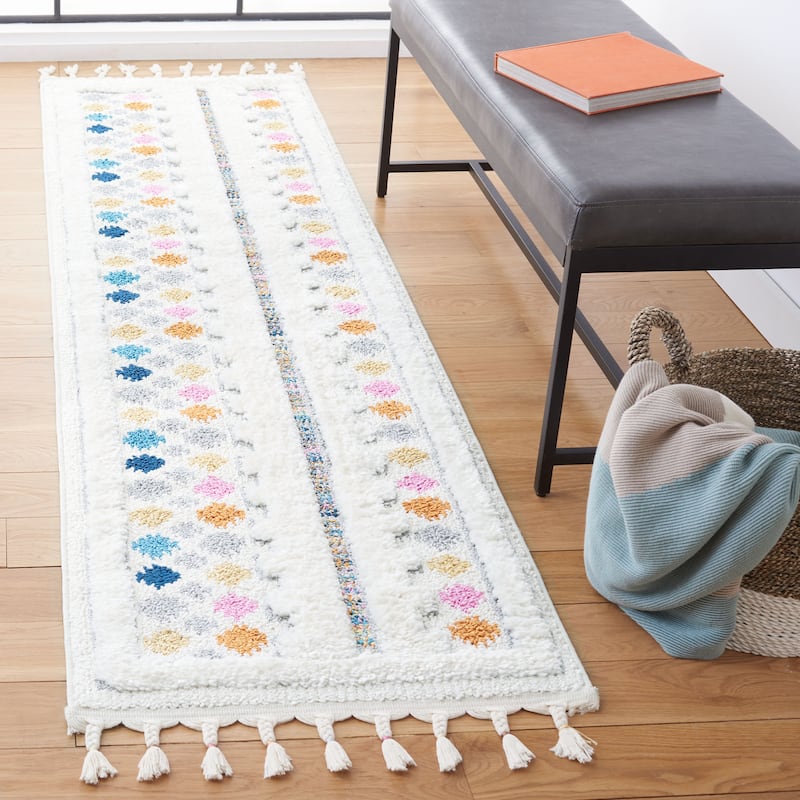 SAFAVIEH Moroccan Fringe Shag Norene Rug - 2'2" x 8' Runner - Ivory/Grey