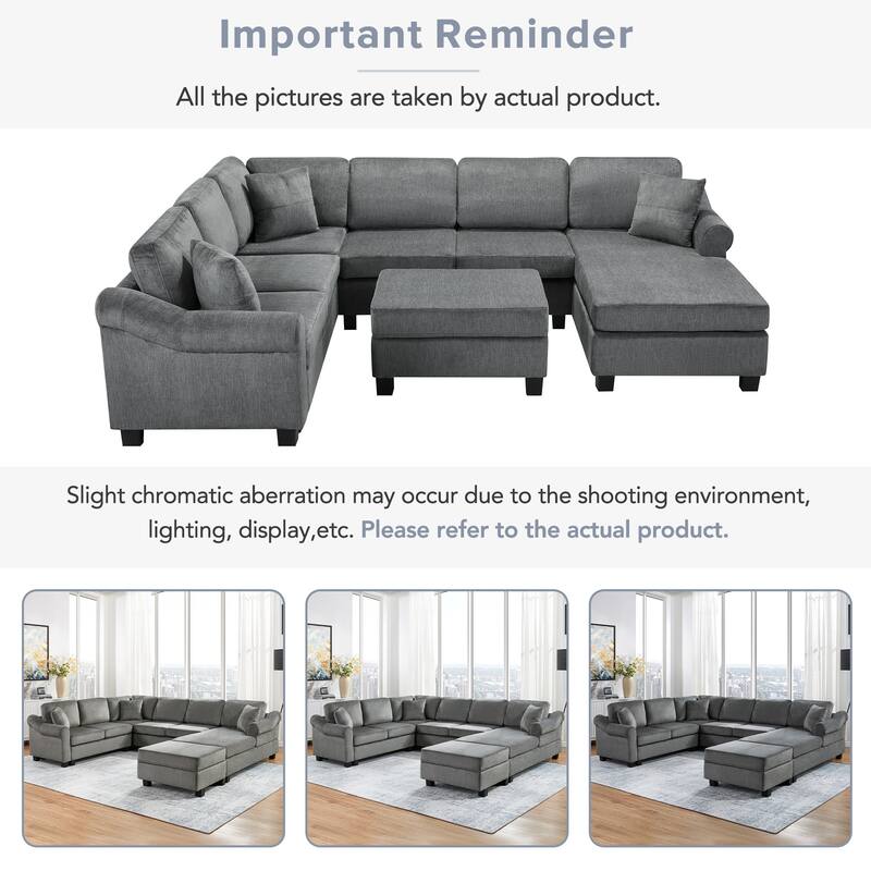 111.8" U-Shaped Chenille Sectional Sofa with Movable Storage Ottoman, Roll Arms and Accent Pillows for Living Room