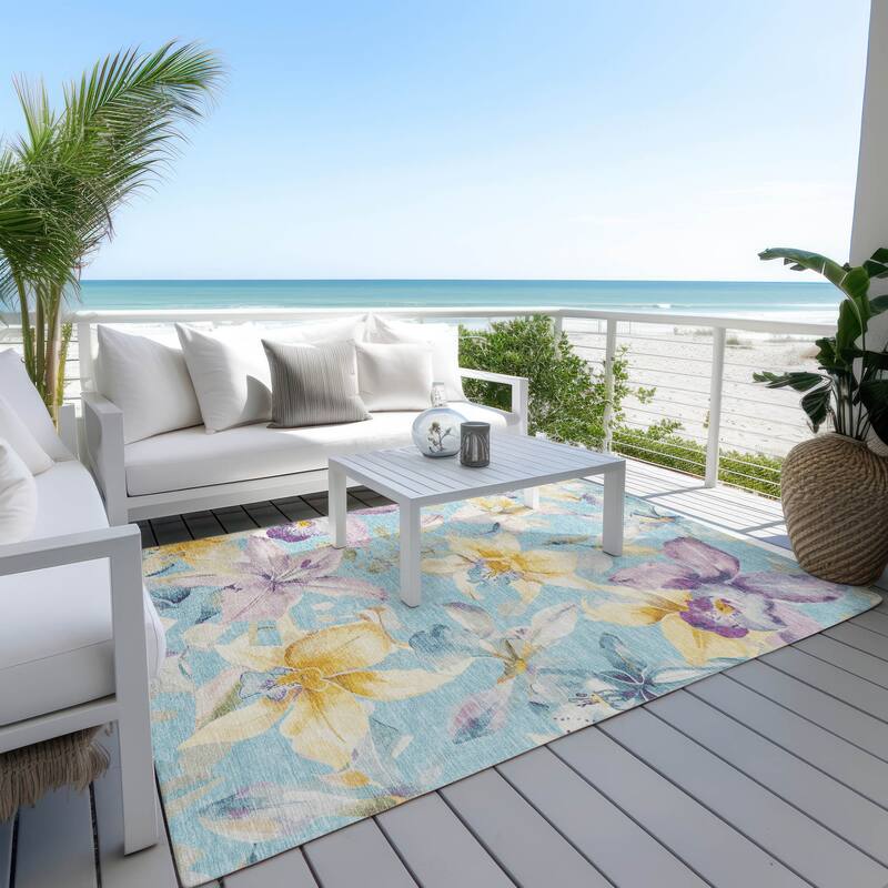 Machine Washable Indoor/ Outdoor Modern Floral Chantille Rug