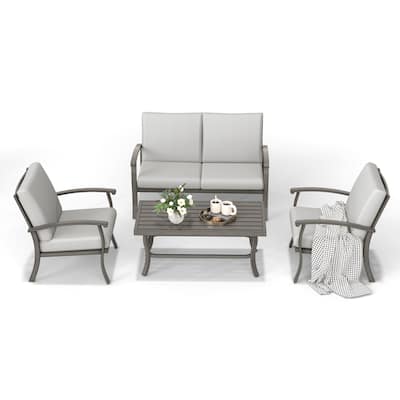 4-Person Aluminum Patio Conversation Set with Coffee Table, Loveseat and Light Gray Cushions