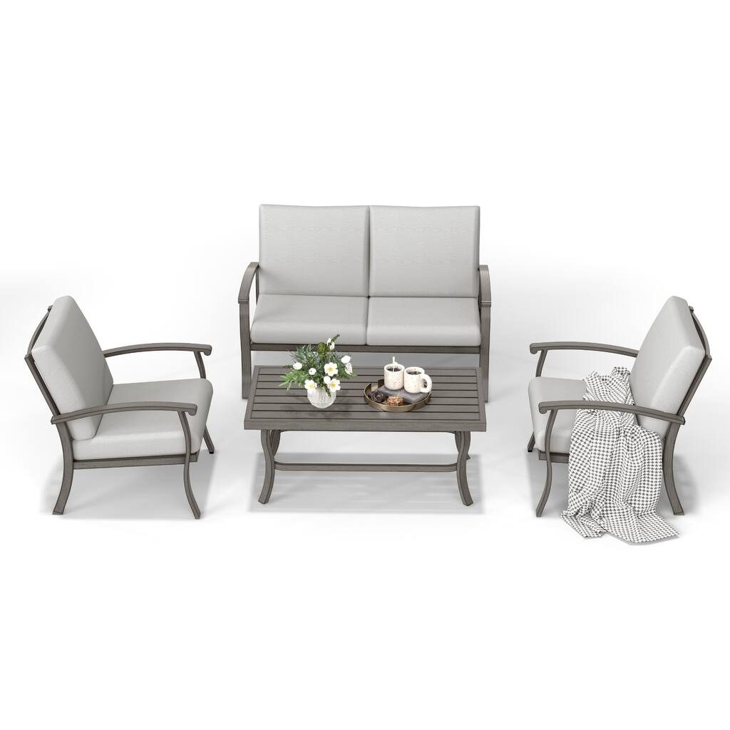 4-Person Aluminum Patio Conversation Set with Coffee Table, Loveseat and Light Gray Cushions
