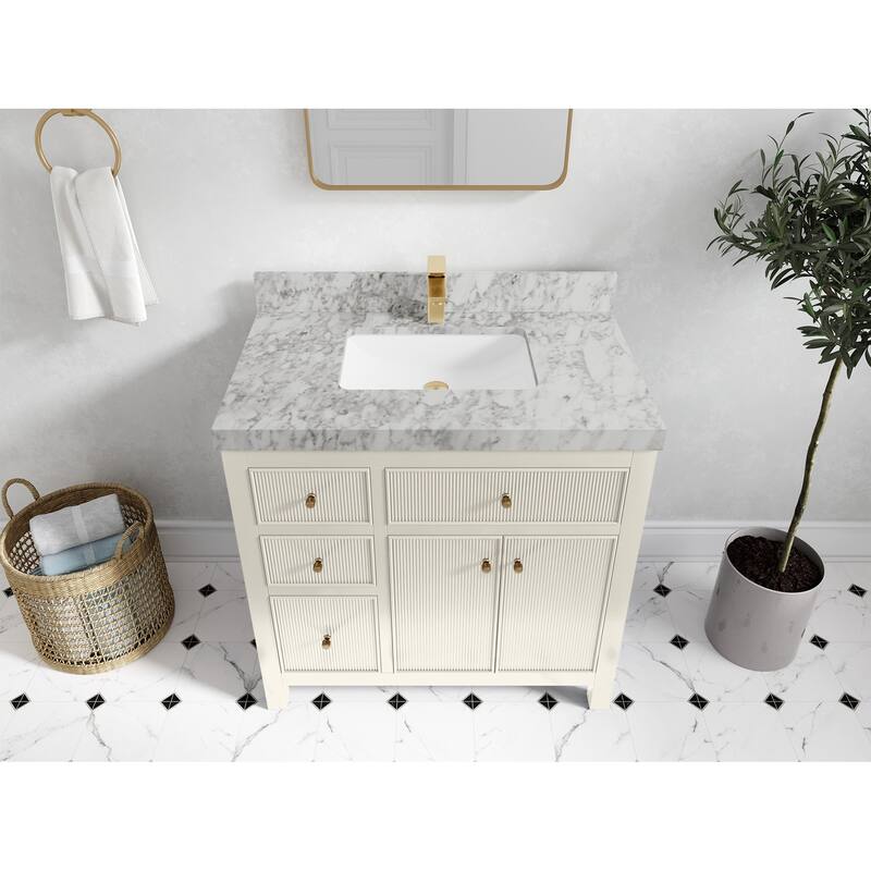 Willow Collections 36 in W x 22 in D Sonoma Center Sink Free Standing Reeded Bathroom Vanity with Countertop - 2”Carrara Marble - Ivory