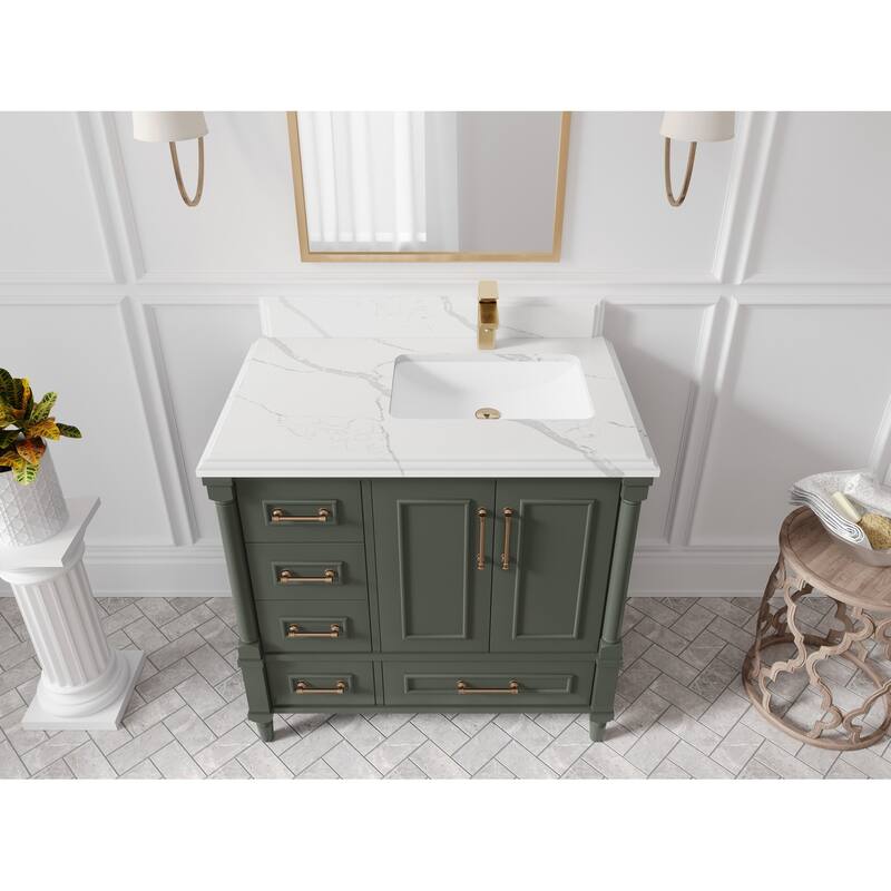 Willow Collections 36 in. W x 22 in. D Aberdeen Right Offset Sink Bathroom Vanity in Pewter Green with Countertop - 1.5" Calacatta Laza - Pewter Green