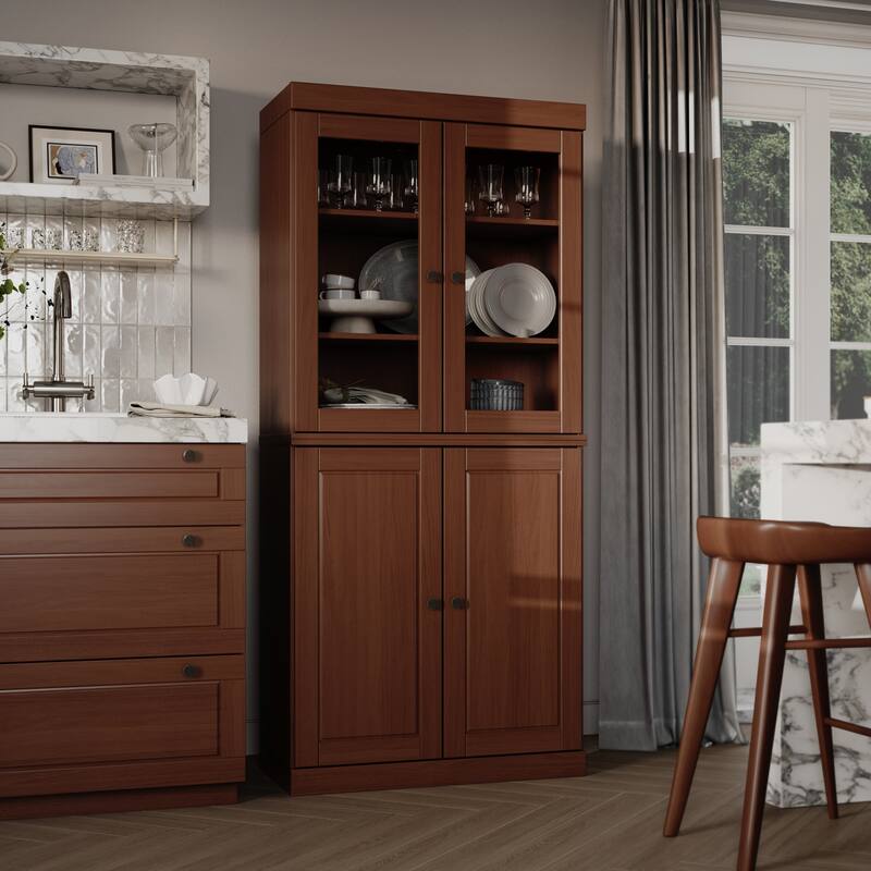 Palace Imports 100% Solid Wood Pantry Cabinet, Raised Panel & Clear Glass Doors, Adjustable Shelves, 32" Wide, 71.5" Tall - Mocha