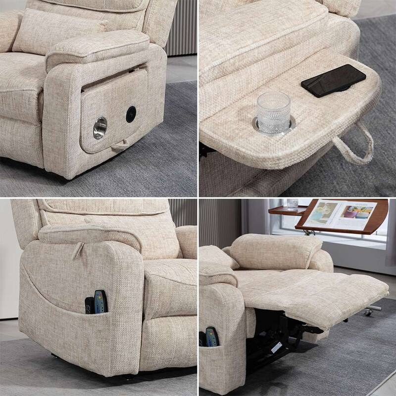Dual Motor Oversized 180° Lay Flat Chenille Power Lift Recliner Chair with Retractable Tray, Wireless Charge