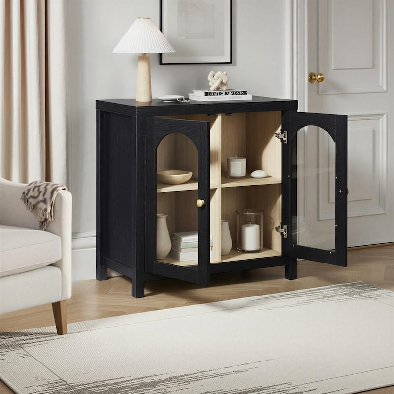 Walker Edison Modern Arched Glass Accent Cabinet with Brass Hardware