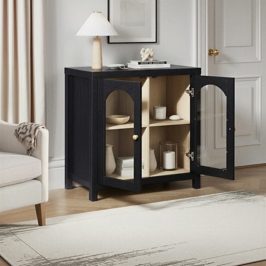 Walker Edison Modern Arched Glass Accent Cabinet with Brass Hardware