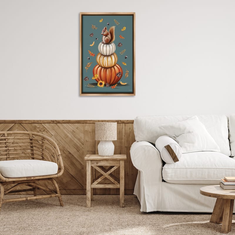 Stupell Squirrel Atop Pumpkin Stack Framed Floater Canvas Wall Art Design By Elizabeth Tyndall