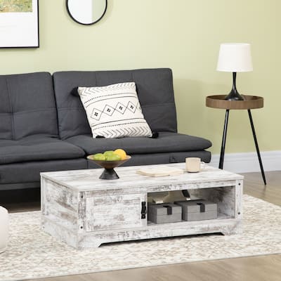 HOMCOM Coffee Table, Vintage Style Tea Table with Cabinet, Open Storage Compartments, Coffee Tables for Living Room, White