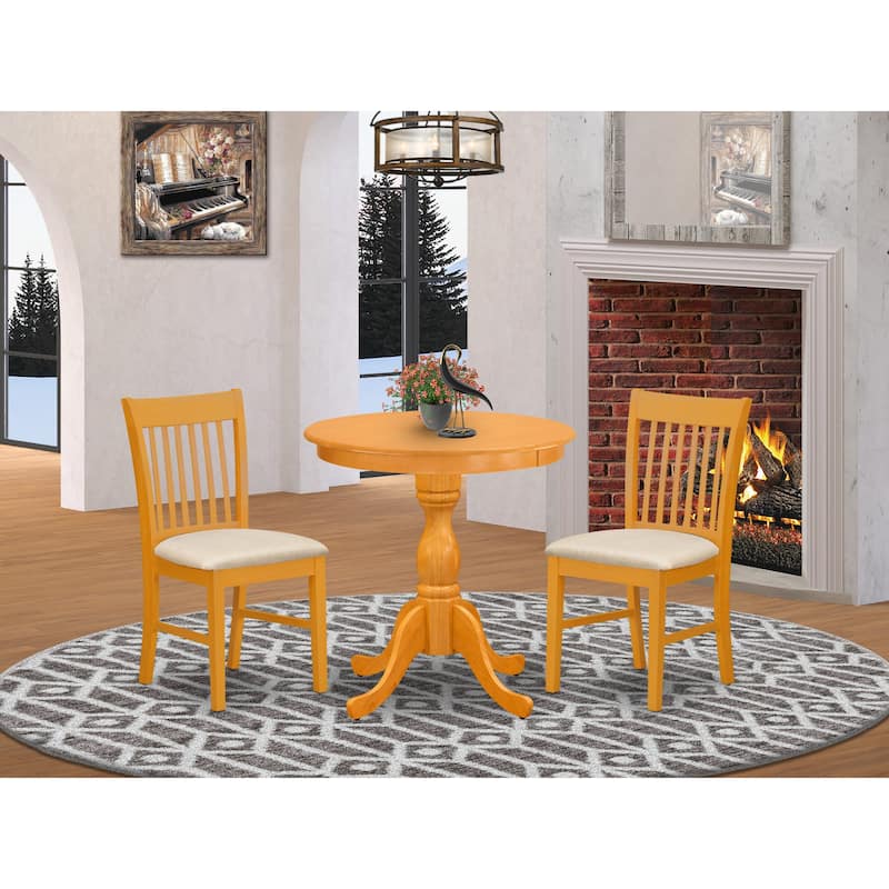 East West Furniture 3 Piece Modern Dining Table Set- a Round Wooden Table and 2 Dining Chairs, (Seat & Finish Options) - ESNF3-OAK-C