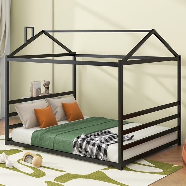 slide 2 of 13, Metal House Shape Platform Bed, Black, Queen Black
