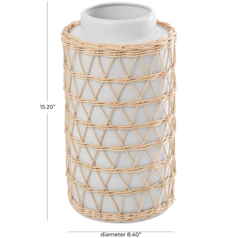 White Ceramic Handmade Decorative Vase with Woven Rattan Exterior - 8"W, 15"H