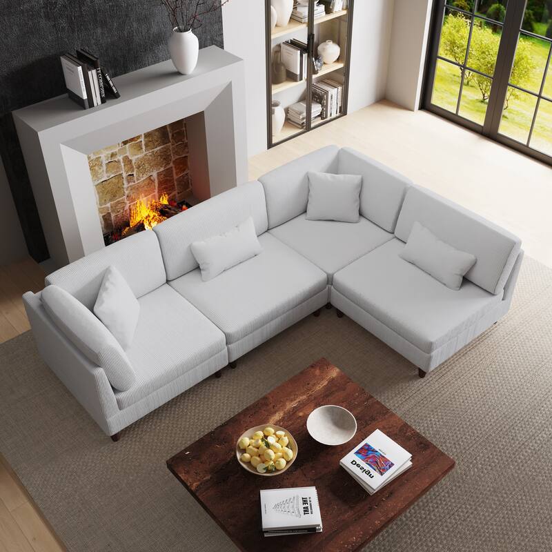 4-Piece Modern Corduroy Modular Sectional Sofa with pillows For Living Room - Sea Salt Grey