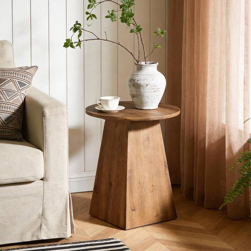 Solid Wood End Table for Living Room, 19" Round Side Table with Trapezoid Base - 18.8" D × 18.8" W × 23.22" H