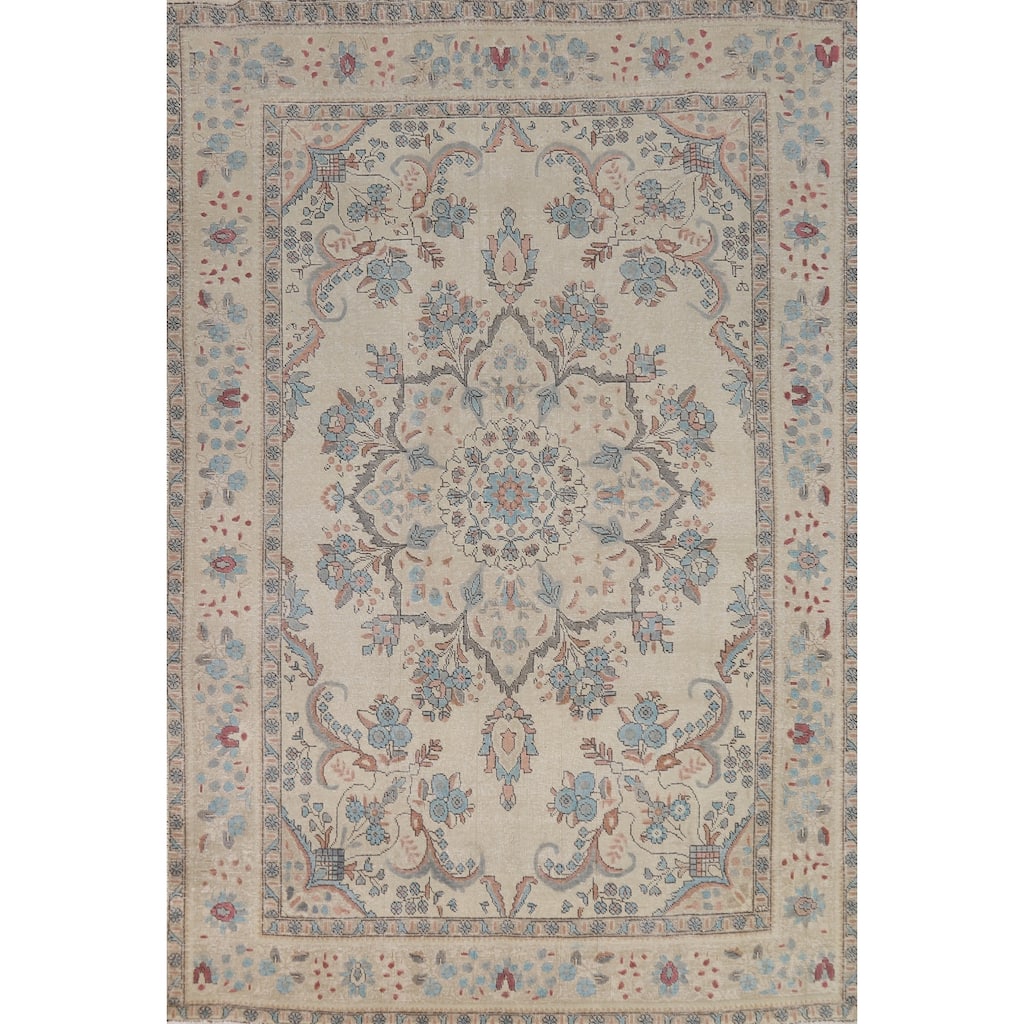 Ivory Medallion Tabriz Persian Vintage Area Rug Handmade Wool Carpet - 6'7"x 9'6"