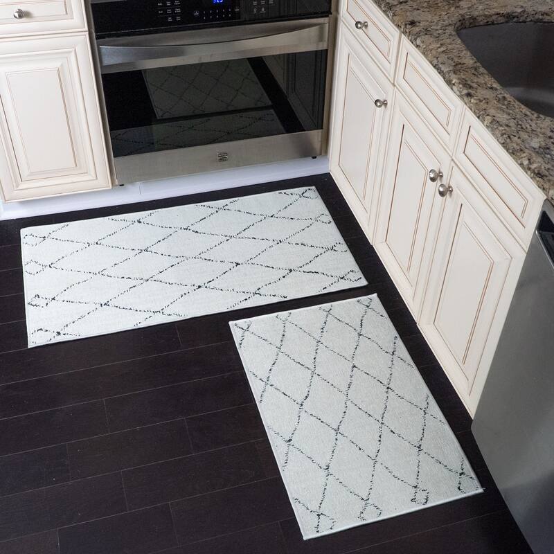 Sussexhome Non Skid Washable Kitchen Runner Rugs Set of 2 - Set of 44 x 24 and 31.5 x 20 Inches - Moroccan Trellis-Off-White