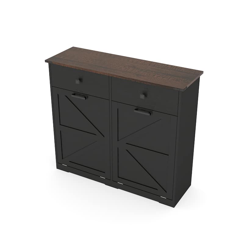 Farmhouse Double Tilt Out Trash Cabinet, Free Standing Recycling Cabinet with Hideaway Drawer, Barn Door Laundry Sorter Cabinet