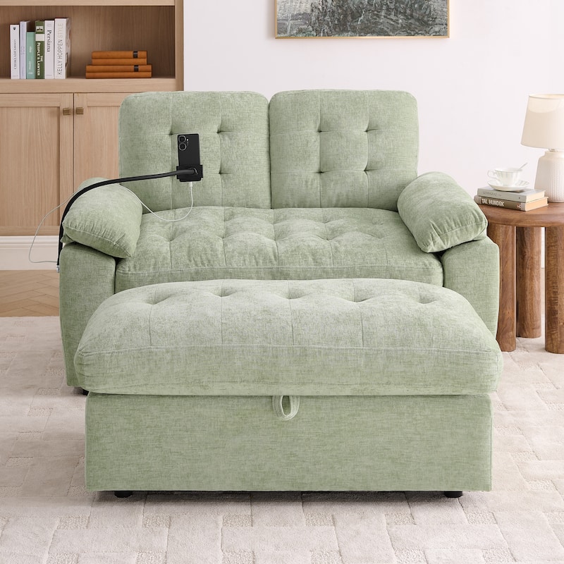 Double Recliner Chair with Adjustable Backrest, Storage Ottoman, USB Port & Phone Stand