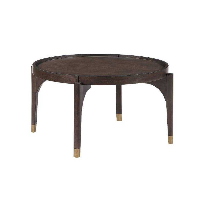 Azy Coffee Table, 36 Inch Round Top, Gold Capped Legs, Dark Brown