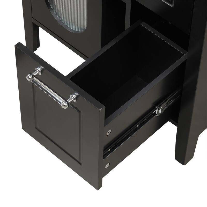 Freestanding Vanity for Bathroom with Ceramic Sink, Glass Cabinet Door, Drawers, Acrylic Bar Handles and Adjustable Shelf