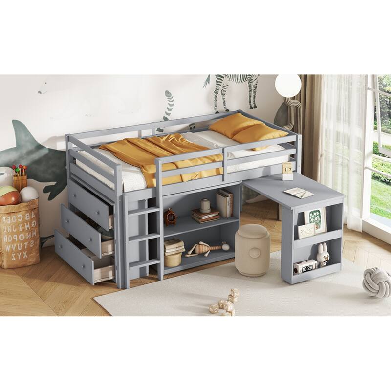 Roomfitters Twin Rubber Wood Loft Bed with Storage Cabinets and Pull-Out Desk, Safety Guardrail and Ladder