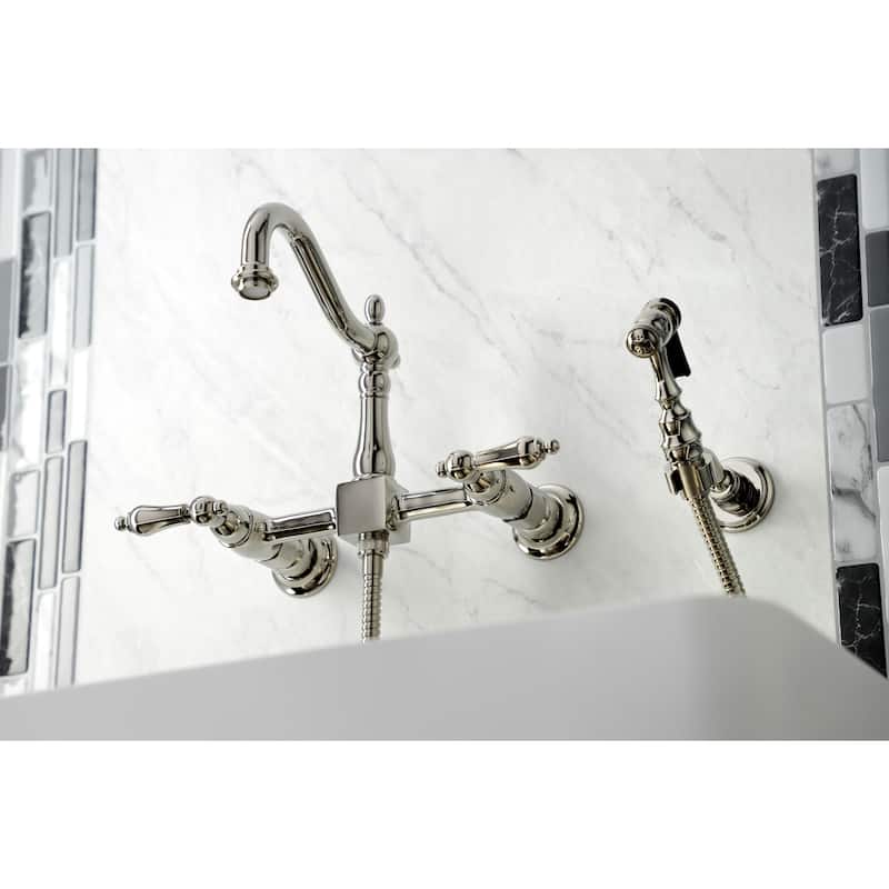 Kingston Brass Heritage Wall Mount Bridge Kitchen Faucet with Brass Sprayer - Polished Nickel