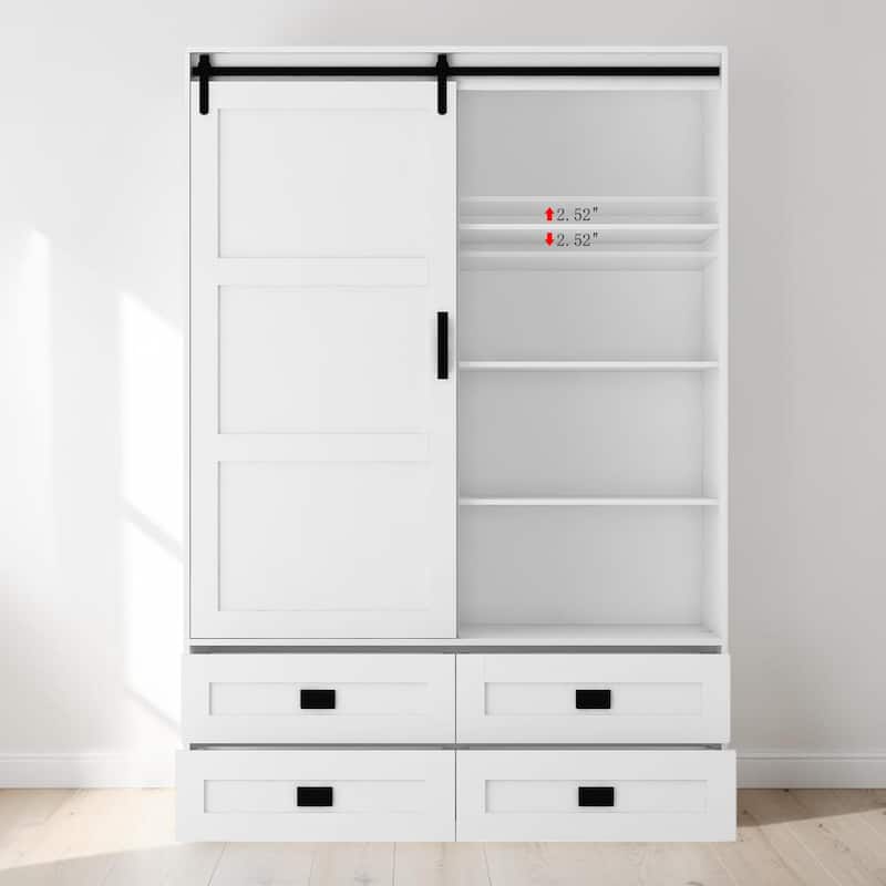 Tall Armoire Wardrobe Closet with Hanging Rod Barn Door 4 Drawers and 3 Open Shelves MDF Bedroom Storage Cabinet